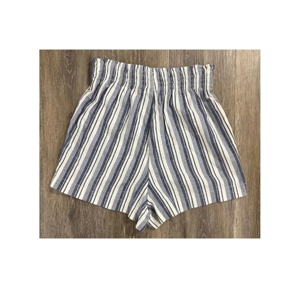 Kourt Striped Linen Blend Pull-On Shorts Blue White High Rise Size XS